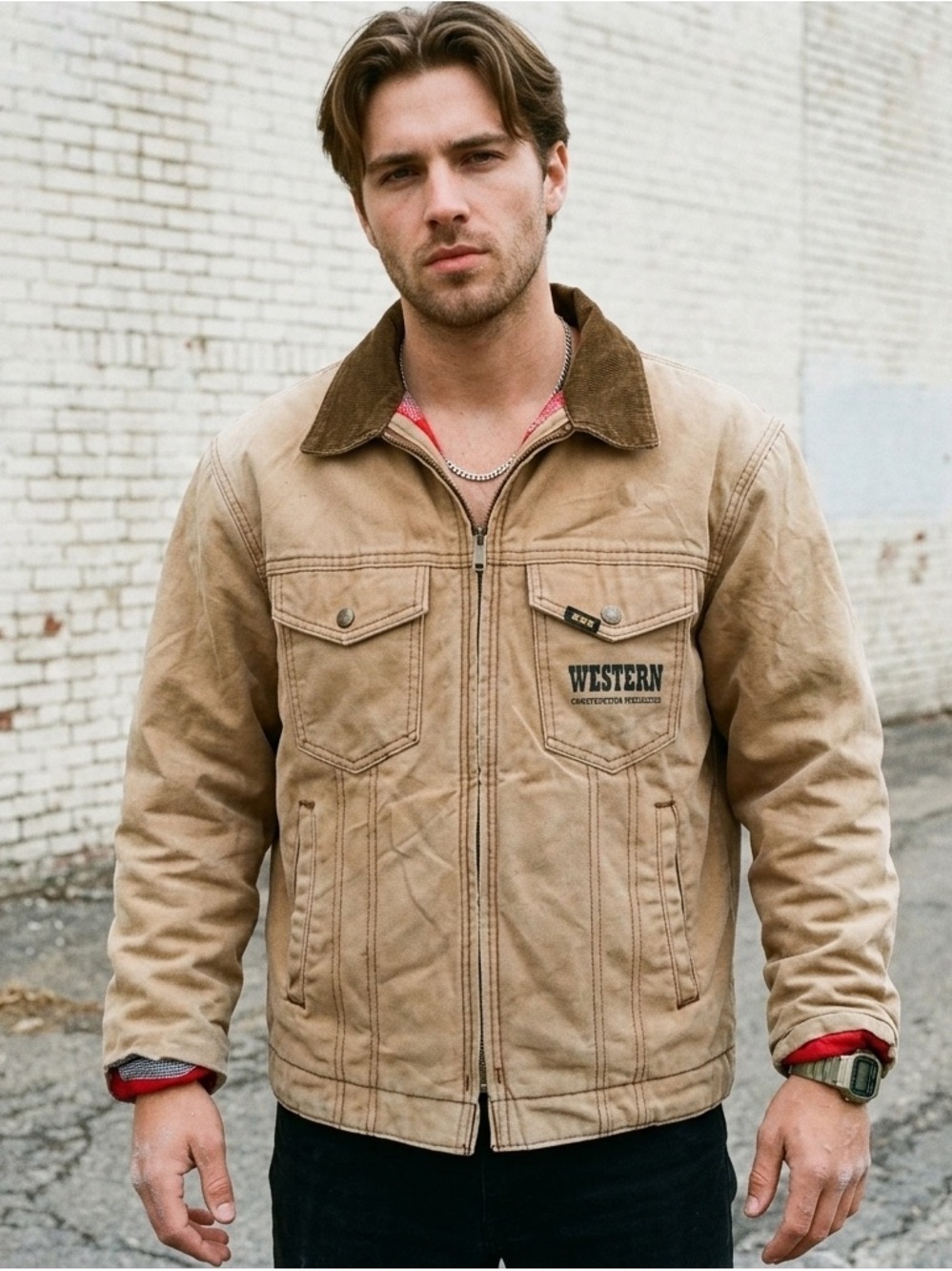 Vintage Workwear Khaki Jacket Flannel Lined Carhartt Style Western Safety Award